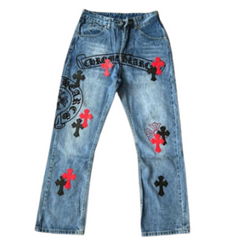 Chrome Hearts Straight Leg Denim Blue Red Cross Horseshoe