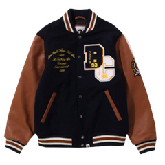 Bape Varsity Jacket Royal Blue Brown Sleeves